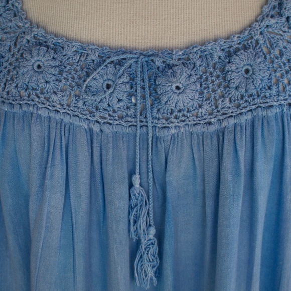 Vintage 70's Boho Handmade 100% Cotton Knit/Crochet Blue Midi Tiered Dress - Picture 8 of 17